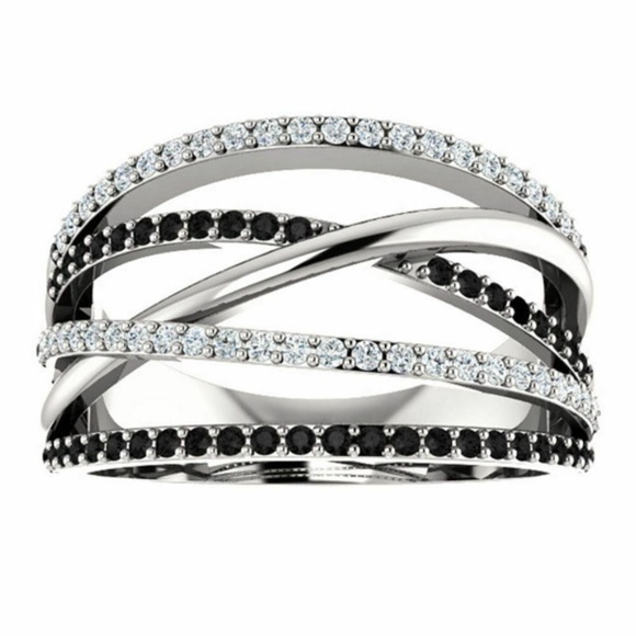 Multi Rows 925 Silver White & Black Sapphire Ring - Picture 2 of 5